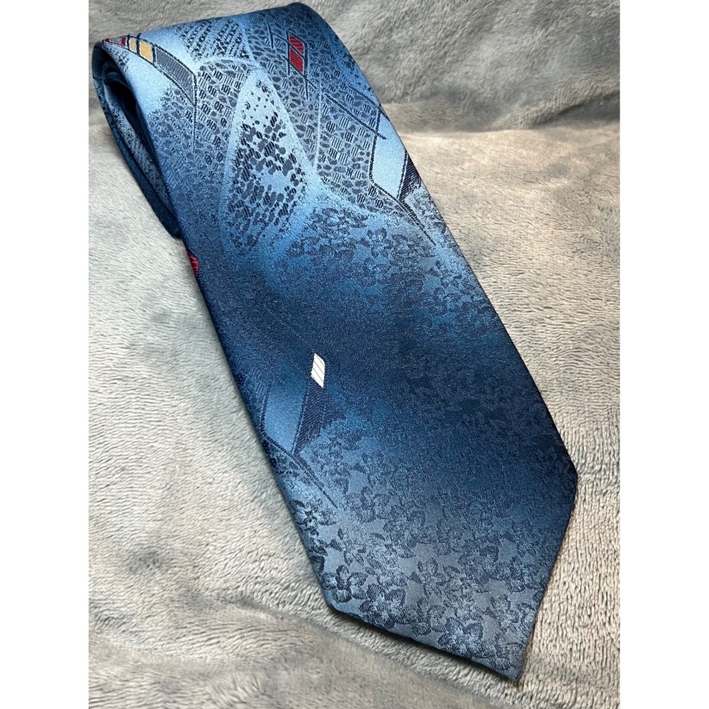 Wembley Mens Blue Geometric Floral‎ Pattern Silk Necktie